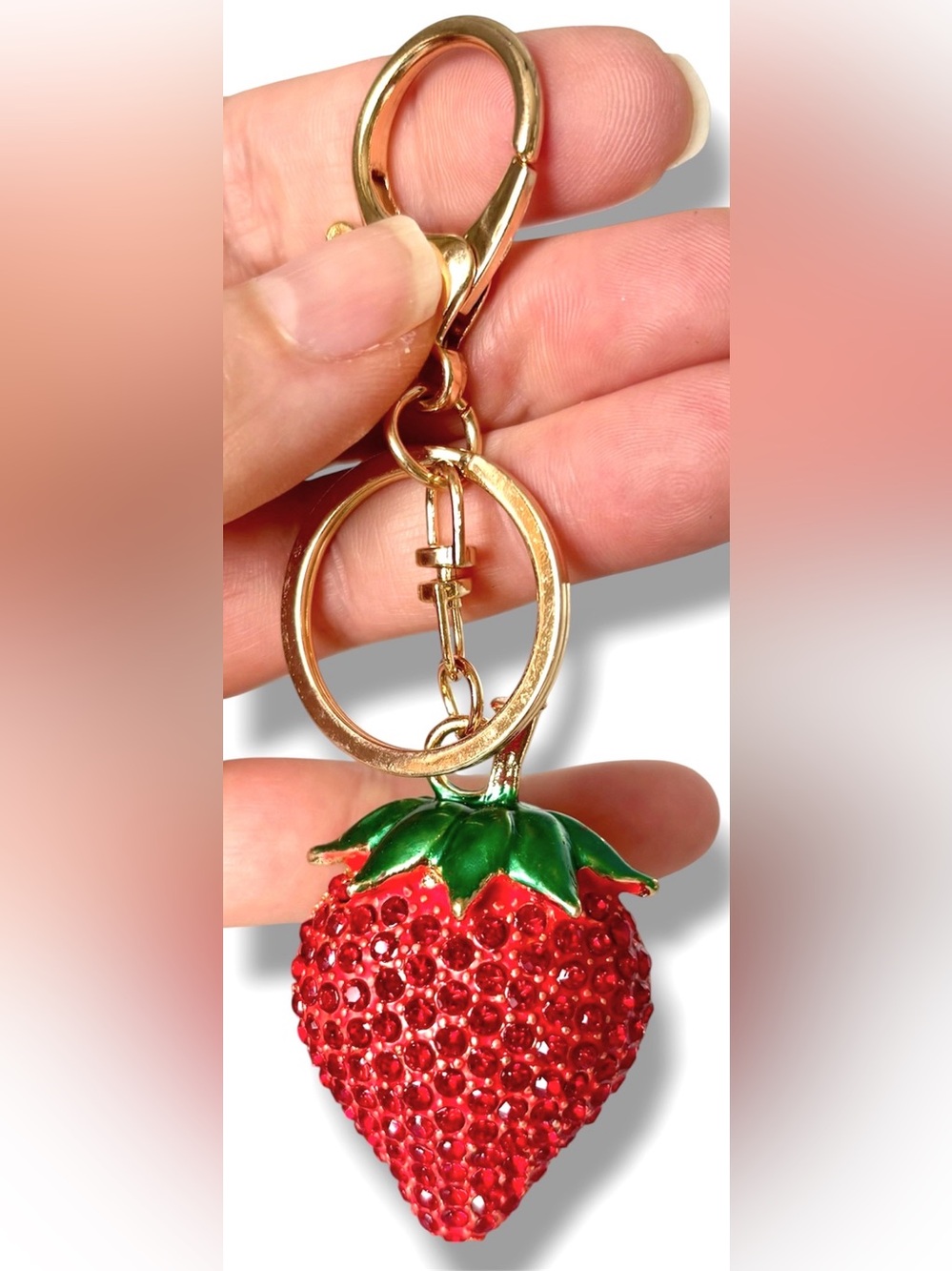 3D Figural Sparkly Red Rhinestone Summer Strawberry Bag Charm Keychain New